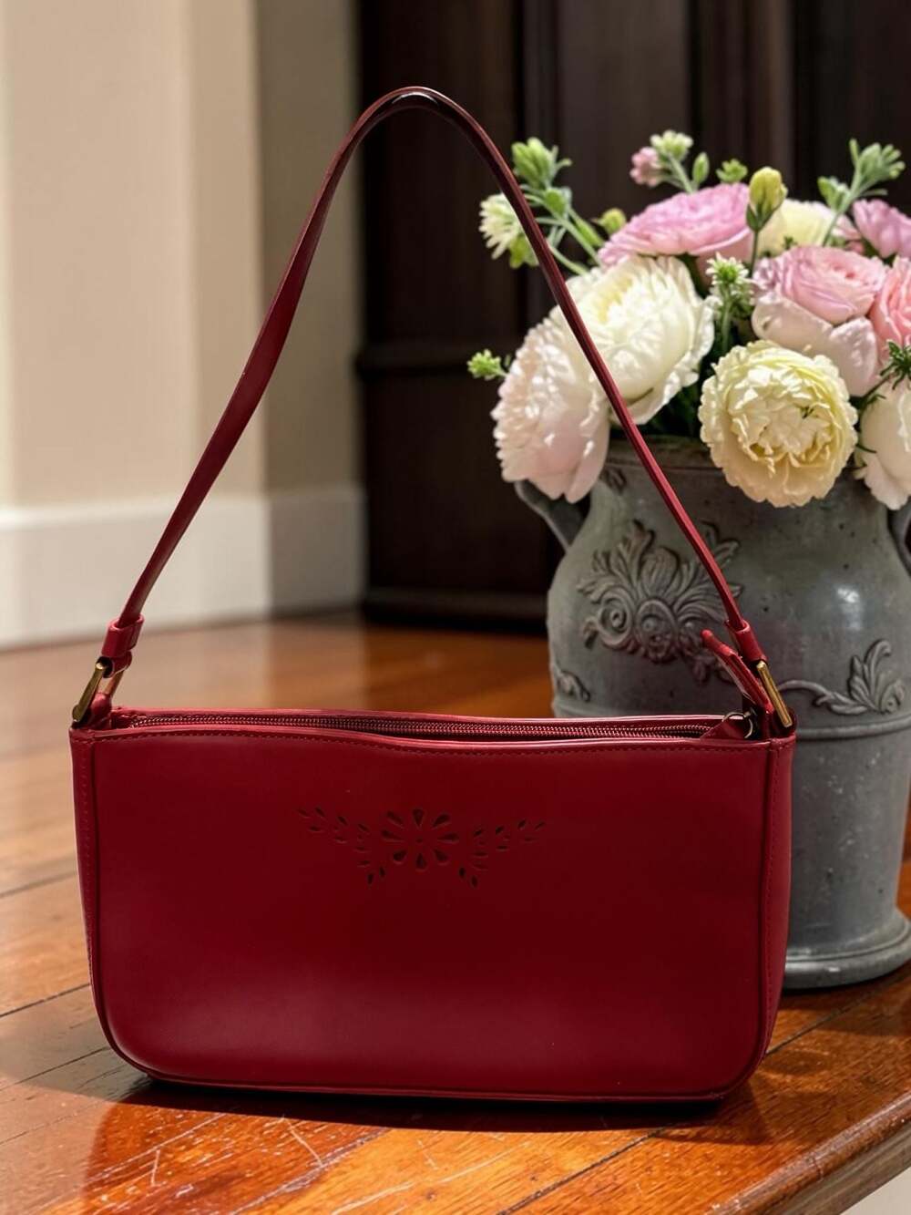 Etienne Aigner Red Leather Floral Cutout Shoulder Bag